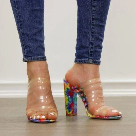 Tie Dye Heels Clear Straps Block Open Toe Multicolor Sandals - Picture 2 of 8